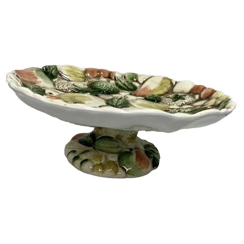 Lefton's Pedestal Dessert Plate Majolica Style Raised Fruit Design 8.5